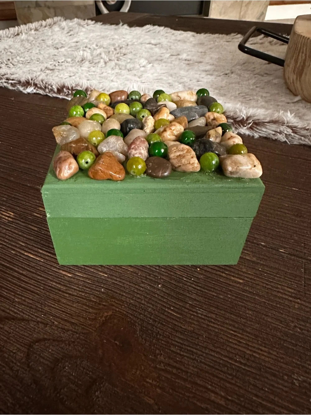 Hand crafted River Rock and green glass beaded trinket box